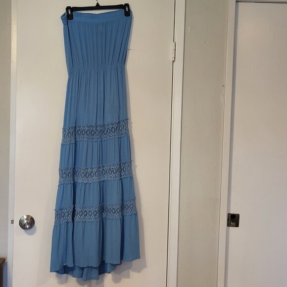 Moda International Dresses & Skirts - Y2K Moda International Strapless Lace Blue Gauze Dress with Lining Size S BOHO